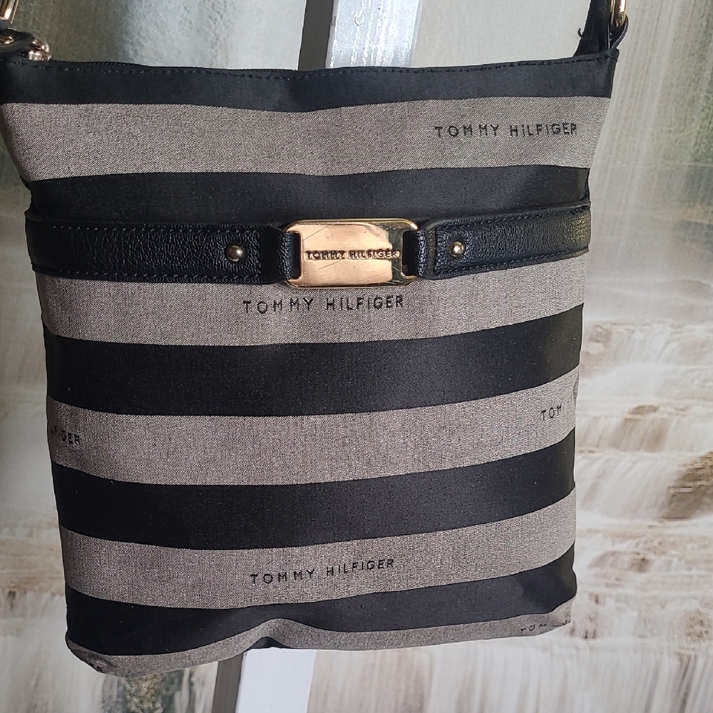 Tommy Hilfiger Striped Black and Gray Cross Body Messenger Bag